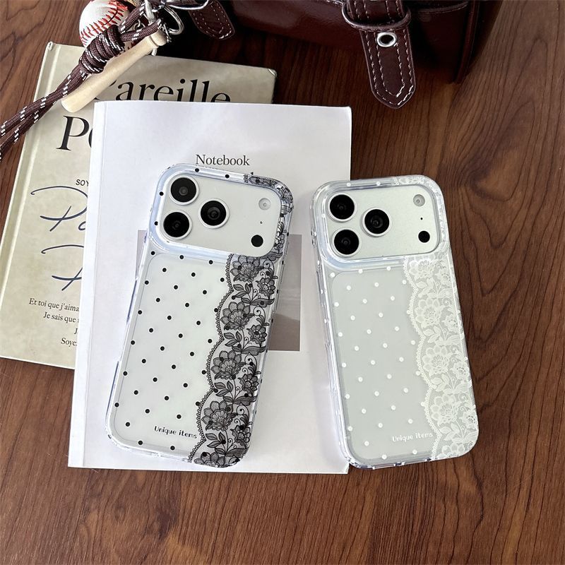 Phone Cases Kawaii - Ins Polka Dots Lace White Black